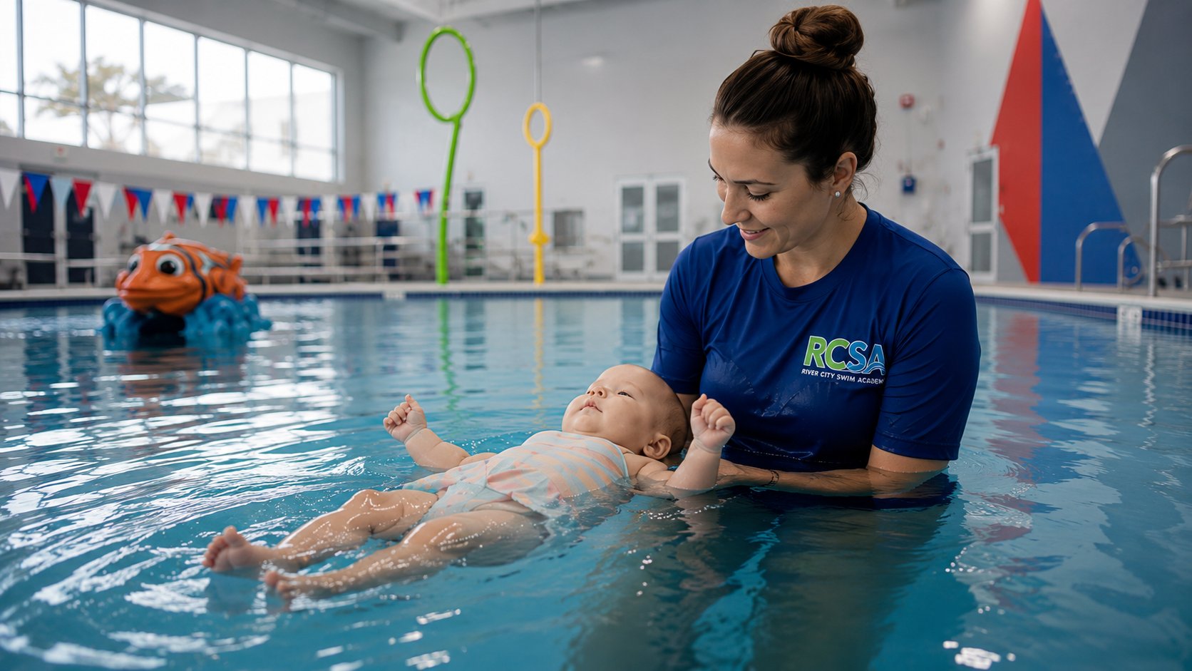 RCSA instructor with smiling toddler underwater